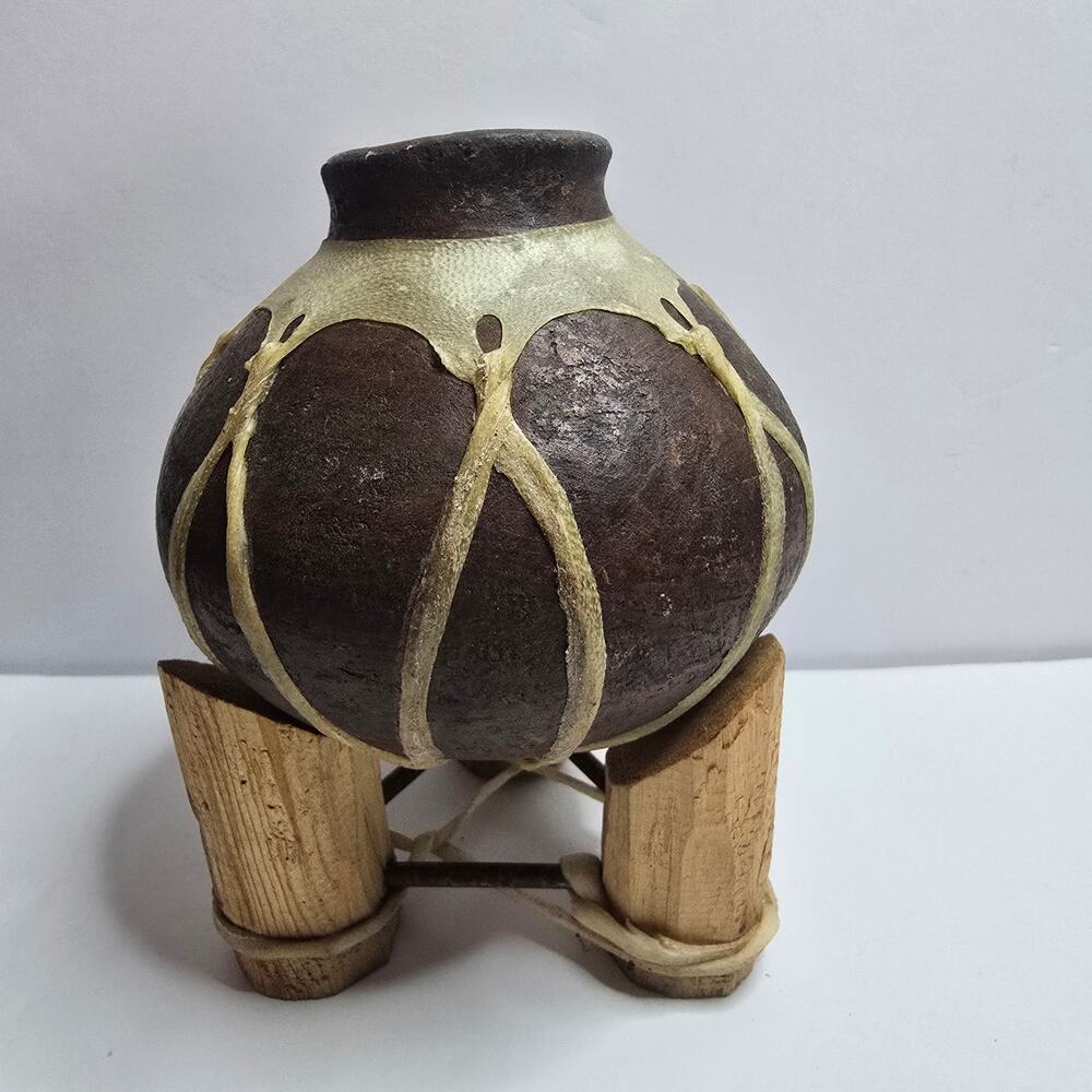 Oaxacan Barro Negro Black Clay Vase Wood Stand Handmade Mexico Folk Art Vintage